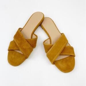 J. Crew Saffron Yellow Slides Flat Sandals Suede Mustard Cross Straps 6.5